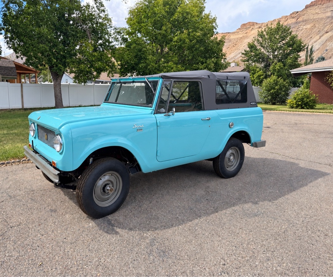 1962 International Scout 80 in Deep Lagoon Blue with grey soft top