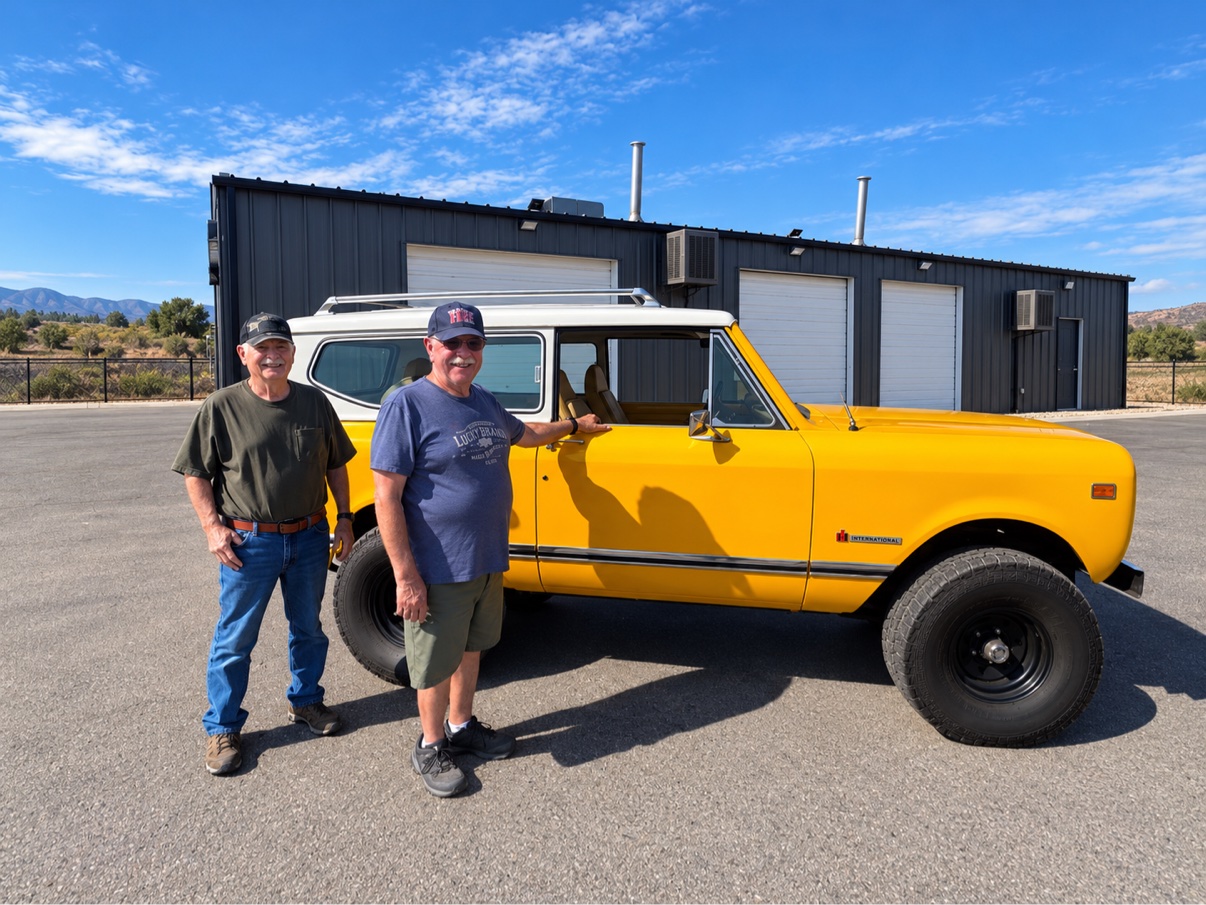 Yellow Scout II in and out of the shop